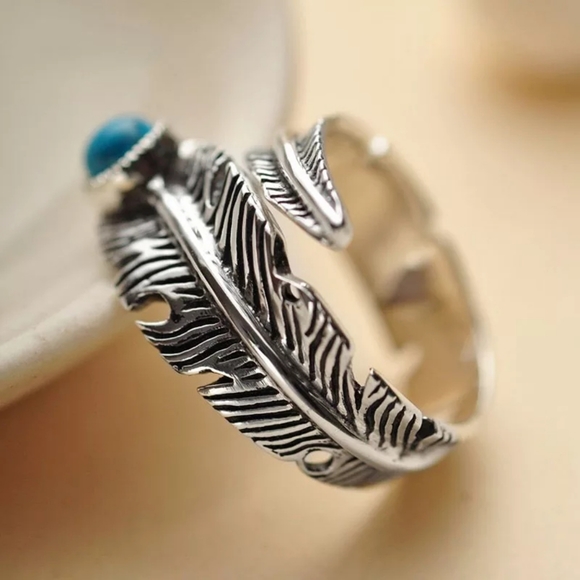 LAST! NEW 925 Sterling Silver Feather  Turquoise Ring |  Adjustable Size - Picture 5 of 16